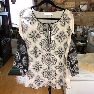 4 Love & Liberty/Johnny Was Black & White Embroidered Silk Tie-Neck Peasant Top